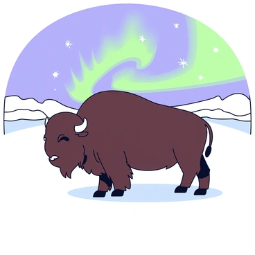 A buffalo standing on a snowy tundra. The buffalo has a thick, dark brown coat with shaggy fur. The landscape is covered in a blanket of white snow, and the sky above is filled with vibrant green and purple hues of the Northern Lights. The lights cast a soft glow on the buffalo, highlighting its powerful presence against the cold, white backdrop. In the distance, gentle snow-covered hills stretch across the horizon.