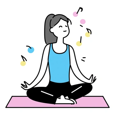 A girl, with long brown hair tied in a ponytail, is sitting on a yoga mat in a calm indoor setting. She is wearing comfortable, fitted yoga attire with a light blue tank top and black leggings. Her eyes are closed as she focuses on her practice. Floating around her are several colorful musical notes in various sizes, suggesting a soothing atmosphere. The scene is minimalistic, with a soft, neutral background that highlights her and the musical elements.