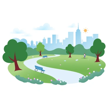 A serene park view with the MetLife building in the background on a sunny day