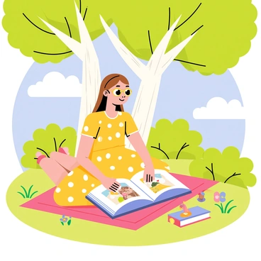 A cartoon girl with long brown hair is sitting on a picnic blanket under a large, leafy tree in a park. She is wearing a bright yellow dress with white polka dots and has round glasses perched on her nose. The girl is engrossed in a colorful storybook, with illustrations visible on the open pages. Sunlight filters through the tree branches, creating dappled patterns on her blanket. Around her, there are various green shrubs and a few colorful flowers, adding vibrant detail to the park setting. In the background, a blue sky with fluffy white clouds completes the cheerful scene.