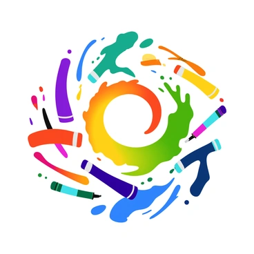A vortex of swirling art supplies and digital colors, creating an eye-catching pattern