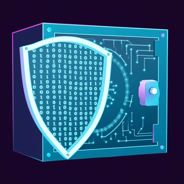 A large, intricate shield made of glowing binary code, with cascading lines of ones and zeros forming its shape. The shield stands prominently in front of a highly secured digital vault, which is adorned with intricate circuits and LED lights. The vault has a metallic surface with a high-tech locking mechanism visible. The backdrop features a dark, futuristic environment, emphasizing the importance of cybersecurity. The entire scene is illuminated with a soft blue and green glow, highlighting the digital theme.