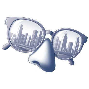 A nose wearing stylish eyeglasses with a reflection of a cityscape