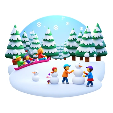 A group of children sledding down a snowy hill in a forest. Some of the children are wearing colorful winter jackets while others have bright hats and gloves. Nearby, there are children building snowmen with fluffy white snow, adding carrots for noses and stones for eyes. The trees in the forest are covered with a thick layer of snow, creating a winter wonderland atmosphere. Snowflakes are gently falling from the sky, adding to the festive scene.
