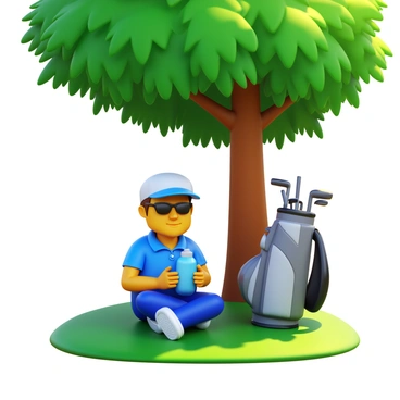 A golfer wearing a cap and sunglasses is sitting next to their golf bag, which is open with a few clubs partially visible. The golfer is resting on a patch of grass beneath a large, leafy tree that provides shade. Sunlight filters through the leaves, casting dappled shadows on the ground. In the background, there are hints of a golf course with manicured greens and sand traps. The golfer holds a water bottle, looking relaxed during their break.