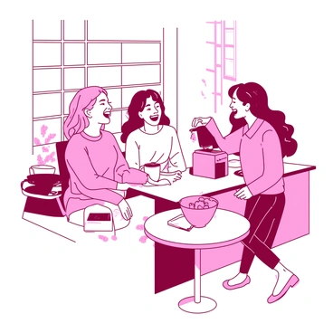 A pink working girl dressed in a comfortable t-shirt and jeans is laughing heartily with colleagues in a white break room. The break room features a small round table with a coffee machine and a bowl of fresh fruit on it. One of the colleagues, wearing a white shirt, is pouring coffee while another, dressed in a pink sweater, leans against the counter, sharing a joke. A large window lets in natural light, illuminating the joyful scene.
