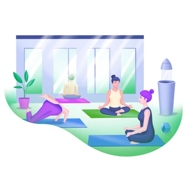 A wellness center interior featuring several individuals engaged in yoga and meditation classes. In one area, a woman is performing a downward dog pose on a blue yoga mat, while in another area, a group sits cross-legged on mats, eyes closed, practicing meditation. Natural light streams through large windows, illuminating the space and highlighting indoor plants placed strategically around the room. Soft, calming colors and serene decor set the atmosphere, enhancing the focus on wellness and tranquility. A small water fountain is visible in the corner, adding to the peaceful ambiance.
