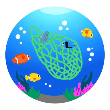 A vibrant scene depicting several colorful fish, including a bright orange clownfish, a blue tang, and a yellow angelfish, swimming around a tangled ghost net. The deep blue ocean creates a contrasting backdrop, with rays of sunlight filtering through the water above. The ghost net is intricately woven and partially covered with coral and seaweed, illustrating its connection to the underwater environment. Bubbles rise from the fish as they swim near the net, adding a sense of movement to the composition.