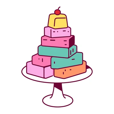 A white display stand showcases a tower of petit fours, each piece delicately decorated with vibrant icing in a variety of colors. The petit fours are arranged in an elegant spiral, with different shapes and designs visible, including squares, rectangles, and hexagons. The top layer features a yellow petit four adorned with a small red cherry on top, while the lower layers include an assortment of pink, teal, and orange treats. The entire arrangement exudes a sense of height and delicacy, inviting viewers to admire the intricate details of each confection.