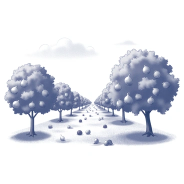 An orchard filled with fig trees extending into the distance. The trees have lush, green leaves and are laden with ripe figs hanging from their branches. The ground beneath is covered in soft grass, and there are patches of fallen figs scattered around. The sky above is depicted with a few wispy clouds, enhancing the peaceful atmosphere of the scene.