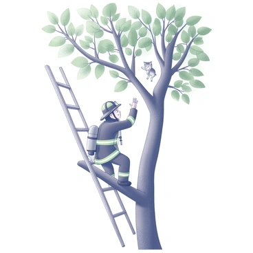 A firefighter in full gear is climbing a ladder to reach a kitten perched on a branch of a tall tree. The firefighter is holding onto the ladder with one hand while extending the other hand towards the frightened kitten. The kitten is small and fluffy, with its eyes wide open, looking down at the firefighter. The tree has a thick trunk and numerous green leaves surrounding the branches, providing a natural frame for the scene. The firefighter's uniform includes a helmet, and the ladder is securely positioned against the tree.