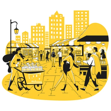 A street market in Gotham City filled with vendors and stalls displaying various goods. The stalls are arranged closely together, showcasing a variety of items such as fruits, vegetables, and handmade crafts. People of diverse backgrounds are walking through the market, some engaging with the vendors. In the foreground, a vendor with a cart is serving snacks to a group of customers. Streetlights illuminate the scene, and tall buildings rise in the background, contributing to the urban atmosphere. The ground is paved with cobblestones, adding texture to the lively setting.