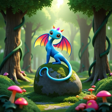 A fantasy creature with iridescent scales and large, colorful wings is perched on a moss-covered rock. The creature has bright, expressive eyes and a long, curling tail with shimmering patterns. Surrounding it is a dense forest filled with tall, ancient trees, their trunks wrapped in twisting vines. Sunlight filters through the leaves, casting dappled shadows on the forest floor. The scene includes vibrant flowers and mushrooms, adding splashes of color to the greenery.