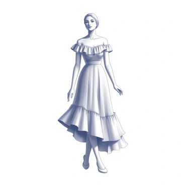 A croquis of a figure wearing a dress. The dress features romantic ruffles cascading down from the neckline to the hem. The design of the dress is soft and flowing, creating an elegant silhouette. The figure stands in a graceful pose, with one hand gently resting on the waist and the other slightly extended. The ruffles add texture and movement to the overall appearance of the dress. The background is minimal to emphasize the details of the figure and the dress design.