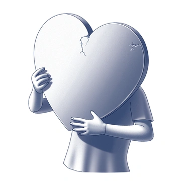 A heart-shaped shield with visible cracks is being held protectively in front of a person. The person's hands grasp the edges of the shield firmly. The individual is wearing a simple garment, and their stance is slightly bent forward, indicating a defensive posture. The background is minimal, focusing on the shield and the person holding it. The cracks on the shield suggest wear and history, adding depth to its appearance.