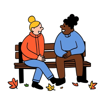 Two friends sitting on a park bench, engaged in a conversation. One friend has light skin and short blonde hair, wearing a red jacket and jeans. The other friend has medium skin and curly black hair, wearing a blue sweater and brown pants. They are smiling at each other, with fallen autumn leaves scattered around the bench in vibrant shades of orange, yellow, and red. The scene captures a warm and friendly atmosphere in a park setting during autumn.
