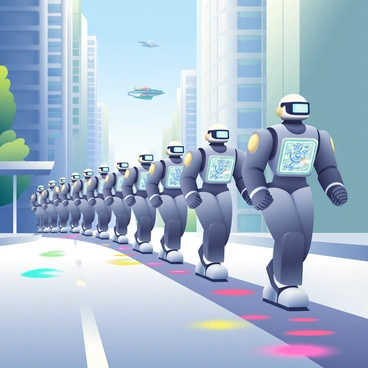 A line of identical robots, each metallic and gleaming with silver surfaces, are marching in perfect synchronization down a futuristic street. The robots have smooth, humanoid shapes with glowing blue eyes and intricate circuitry visible through transparent panels. The street is lined with tall, sleek buildings made of glass and metal, reflecting the sunlight. Neon lights in various colors are embedded in the pavement, illuminating the path ahead. In the background, a clear blue sky is visible, with a few floating vehicles gliding above. The scene captures the precision and unity of the robotic march.