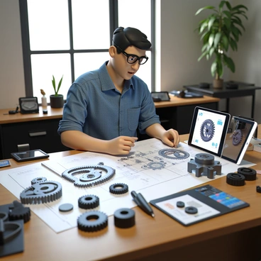 A mechanical engineer with short black hair, wearing safety goggles and a blue shirt, is seated at a wooden desk cluttered with various tools and technical drawings. He is focused intently on a large sheet of paper spread out in front of him, which details a complex gear assembly plan. Various gears and mechanical parts are scattered around the desk, alongside a digital tablet displaying 3D models of the components. Natural light filters in through a nearby window, illuminating the space and highlighting the intricate designs on the paper.