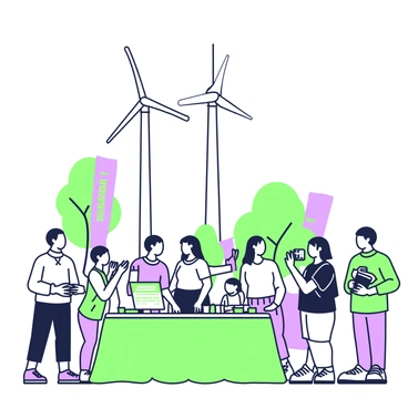 A group of people is gathered at a community event celebrating new wind turbines. In the center, there are two large wind turbines, their blades elegantly poised against the sky. Several adults and children are standing around, some smiling and talking, while others are examining information panels about renewable energy. A table covered with a green tablecloth displays brochures and refreshments. In the background, colorful banners reading "Renewable Energy for a Brighter Future" are hanging from nearby trees. A few people are taking photographs, capturing the moment of community engagement.