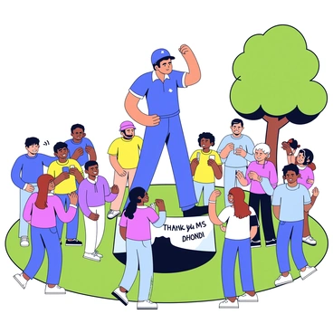 A statue of "MS Dhoni" stands prominently in the center of a park. The statue depicts him in a dynamic cricket pose, wearing his iconic blue jersey and holding a bat. Around the statue, a diverse group of fans of varying ages gathers to pay tribute. Some fans are holding banners with messages like "Thank you, MS Dhoni" and "Legend." Others are taking photos with their phones. There are trees in the background providing shade, and the ground is filled with green grass.