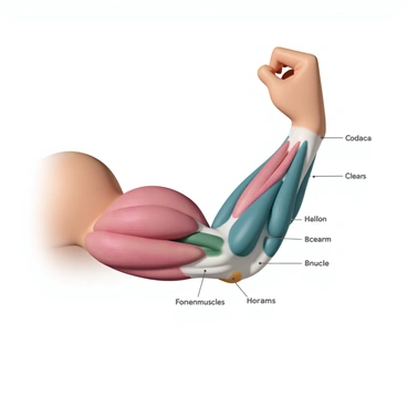 An anatomical illustration of a flexing arm, showcasing the various muscles clearly labeled. The arm is positioned at a 90-degree angle, demonstrating the biceps, triceps, forearm muscles, and veins in detail. The skin is rendered in a natural tone, while the muscles are depicted in vibrant colors for clarity. Each muscle group is distinctly separated, with annotations pointing out specific names and functions. The background is neutral to enhance the focus on the arm and its muscular structure.