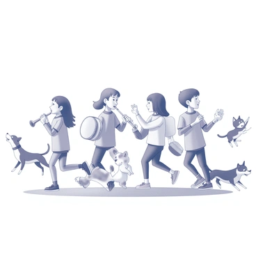 A group of children marching in a parade. Each child is playing a different musical instrument, such as a flute, drum, or trumpet. The children are dressed in colorful outfits, adding to the festive atmosphere. Surrounding them are various animals, including dogs, cats, and birds, all cheering and engaging with the parade. Some animals are jumping excitedly, while others are playfully interacting with the children. The scene captures a joyful and lively celebration of music and companionship.