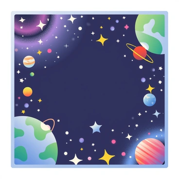 A large, rectangular cosmic frame is filled with a vibrant array of stars, planets, and galaxies. The frame itself is adorned with intricate celestial designs. Within the frame, numerous twinkling stars of various sizes dot the dark expanse of space. Several colorful planets, including a blue-and-green Earth, a red Mars, and a ringed Saturn, are scattered throughout the scene. Various galaxies swirl in the background, showcasing shades of purple, pink, and blue, creating a sense of depth and wonder.