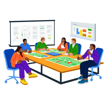 A group of diverse stakeholders, including men and women of various ethnicities, are gathered around a large, rectangular conference table. They are engaged in a discussion, closely examining several colorful city maps spread out on the table. The maps feature detailed layouts of urban areas, with landmarks, street names, and zoning areas clearly marked. Each stakeholder has a pen in hand, making notes or pointing to specific areas on the maps. Bright overhead lights illuminate the room, reflecting off the polished surface of the table. In the background, a whiteboard displays charts and graphs related to urban development.