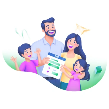 A modern pastel illustration featuring a happy family standing together, each holding a CPF document. The family consists of a father, a mother, and two children, all smiling broadly with expressions of pride and achievement. The father is wearing a light blue shirt, while the mother is in a soft yellow blouse. The children, a boy and a girl, are dressed in pastel-colored outfits. In the background, there are soft, abstract shapes and light gradients that enhance the cheerful atmosphere of the scene.