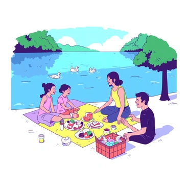 A blue lake reflects the clear sky, with a few ducks swimming gracefully across the surface. On the shore, a yellow picnic blanket is spread out, adorned with an array of delicious foods, such as sandwiches, fruit, and drinks. A family of four is sitting on the blanket, with two children laughing and playing while their parents enjoy their meal. The parents are sitting on opposite sides of the blanket, engaged in conversation, while a picnic basket is nearby, partially open, revealing more food. In the background, lush green trees frame the scene, creating a peaceful atmosphere.