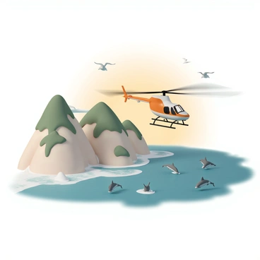A helicopter, painted in bright orange and white, hovers above a rugged coastline. The helicopter's rotors are in motion, creating a dynamic sense of activity. Below, turquoise waves crash against steep cliffs dotted with green vegetation. In the water, a pod of dolphins is visible, leaping gracefully through the waves. The sun casts a warm glow on the scene, highlighting the shadows of the cliffs and the shimmering surface of the ocean. Seagulls are flying nearby, adding to the lively coastal atmosphere.