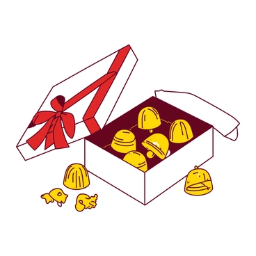 A white box is open, revealing a variety of chocolates shaped like jingle bells. The chocolates have intricate designs, appearing shiny and inviting. Each chocolate is a deep, rich shade of yellow, resembling the festive jingle bells. The box is adorned with a red ribbon tied in a neat bow, adding to the festive presentation. Surrounding the box are a few golden foil wrappers scattered about, enhancing the celebratory theme.