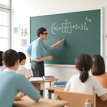 A teacher, wearing glasses, a blue shirt, and dark trousers, stands in front of a large blackboard. The blackboard is filled with a complex math equation, written in white chalk. The teacher points to a specific part of the equation with a piece of chalk, while looking towards a group of attentive students sitting at their desks. The classroom is filled with natural light coming through a large window, and various educational posters are visible on the walls. A few students have notebooks open, taking notes and observing the teacher closely.