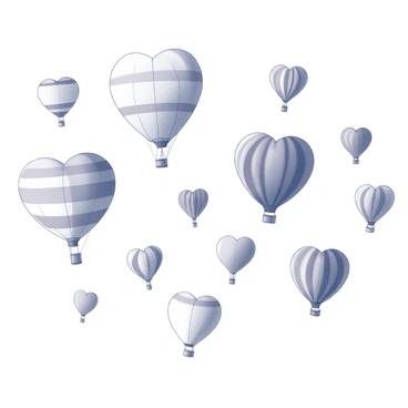 A sky filled with numerous hot air balloons, all shaped like hearts. Each balloon has a distinct design and pattern, contributing to a lively and festive atmosphere. The balloons are floating at different altitudes, some soaring high while others are lower, showcasing their unique shapes. The background features a clear sky, allowing the heart-shaped balloons to stand out prominently.