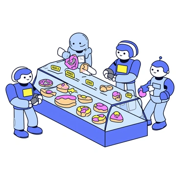 A bakery interior with sleek, minimalist design. Various robots are busy at work, some mixing ingredients while others are arranging pastries. The display case showcases an array of uniquely shaped pastries with vibrant colors and intricate designs. Each pastry has a distinct appearance, with some resembling flowers, while others are geometric shapes. The robots have friendly, cartoonish features and are equipped with small screens that display the names of the pastries they are preparing. The overall scene conveys a bustling yet organized atmosphere in the bakery.