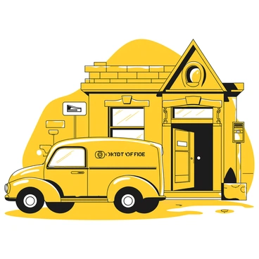 A classic parcel truck with a rounded shape and wooden details is parked in front of an old post office building. The truck features large, round headlights and a sign on the side that displays the word "PARCELS." The old post office building has a brick facade with large, arched windows and a sloped roof. A vintage-style mailbox stands beside the entrance, and a cobblestone pathway leads up to the building. The scene conveys a sense of nostalgia and timelessness.