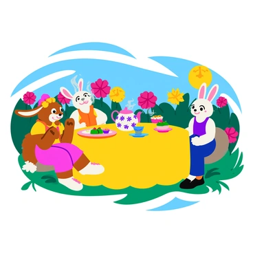 A whimsical tea party set in a colorful, outdoor garden with vibrant flowers and greenery surrounding the scene. Guests, including a cheerful rabbit and a lively fox, are seated at a round table covered with a bright tablecloth. On the table, there is a teapot adorned with playful patterns, accompanied by mismatched teacups filled with steaming hydrapple-flavored tea. Various hydrapple-flavored treats, including cupcakes topped with green icing and shiny, candy-like hydrapples, are displayed on elegant plates. The atmosphere is joyful, with the sun shining brightly overhead, and the guests are engaged in animated conversation, enjoying their delightful refreshments.