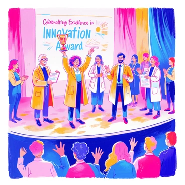 A group of scientists is standing on a stage, dressed in formal attire, as they receive awards for their cutting-edge innovations. One scientist, a woman with glasses and curly hair, is holding a trophy high above her head. Beside her, a man with a beard and a lab coat is smiling while holding a certificate. The stage is adorned with banners that read "Innovation Awards" and "Celebrating Excellence in Science." In the audience, people are applauding, some standing to cheer enthusiastically. The atmosphere is lively and celebratory.