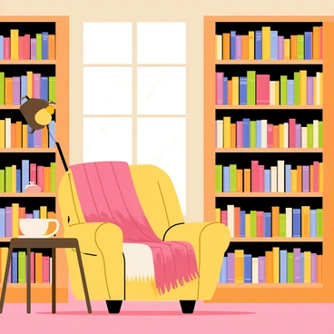A cozy library filled with shelves of books featuring colorful illustrations