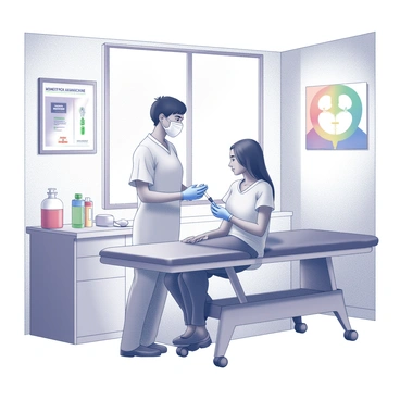 A healthcare worker is standing beside a comfortable examination table in a clinic. The worker, wearing a medical uniform and gloves, is preparing a syringe for administering a monkeypox vaccine. There are various medical supplies neatly organized on a nearby counter, including alcohol wipes and bandages. The walls of the clinic are adorned with colorful posters promoting health awareness. Natural light floods the room through large windows, creating a bright atmosphere. A patient is seated on the examination table, looking calm and reassured.