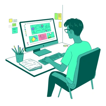 A teal graphic designer is sitting at a white desk, focused on creating eye-catching visuals on a computer. The computer screen displays vibrant designs and sketches, with colorful thumbnails visible on the desktop. The designer has short, styled hair and is wearing glasses, while a sketchbook with colorful markers lies open next to the keyboard. Bright sticky notes are attached to the wall, providing inspiration and reminders for the designer's projects.