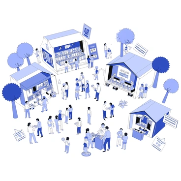 A bustling cultural festival takes place in a large outdoor venue filled with artists and vendors. Colorful booths display handmade crafts and traditional foods, while musicians perform on a small stage surrounded by an enthusiastic crowd. Several artists are seen creating artworks on canvas, showcasing traditional techniques. People of various backgrounds engage in lively conversations, with some participating in cultural dances. Signs with information about the economic contributions of culture are strategically placed throughout the festival space. In the background, trees provide shade for attendees, adding to the vibrant atmosphere of the event.