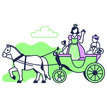 A princess in a flowing gown with intricate patterns is waving from an ornate royal carriage. The carriage is adorned with elegant carvings and has two large, intricately designed wheels. It is pulled by two white horses, each with perfectly groomed manes and tails. The background features a picturesque landscape with rolling hills and a clear sky. The princess holds a jeweled tiara that sparkles as she waves, and the coachman can be seen guiding the horses from the front of the carriage.