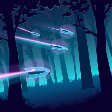 A fleet of high-tech drones racing through a shadowy forest. The drones have sleek, aerodynamic designs with bright lights illuminating their bodies. They are creating vibrant streaks of light in a variety of colors as they zip between the towering, dark trees. The forest is dense with shadows, and the beams of light contrast sharply against the dark foliage, creating an ethereal atmosphere. The ground is covered with a thick layer of fallen leaves, and the occasional glimmer of light reflects off small, hidden surfaces in the underbrush.