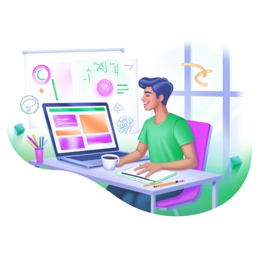 A modern pastel illustration depicting a relaxed student sitting at a desk, engaged in an online illustration session. The student is surrounded by various colorful doodles and patterns that swirl around them, showcasing their creativity. A laptop is open in front of the student, displaying a vibrant online classroom interface. On the desk, there are art supplies such as colored pens and sketchbooks, along with a coffee cup. Natural light streams in from a nearby window, illuminating the scene with a soft glow.