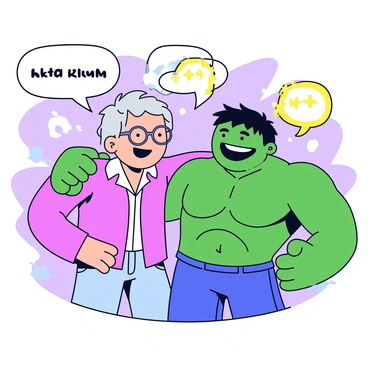 A cartoon depiction of "Stan Lee" with a wide smile and laughter. He has silver hair and is wearing a pair of glasses. Next to him is "the Hulk", portrayed with large muscles and green skin. The Hulk has a cheerful expression, showing his teeth in a big grin. They are standing together in a colorful comic-book style background, filled with speech bubbles and action lines that emphasize their joyful interaction. 