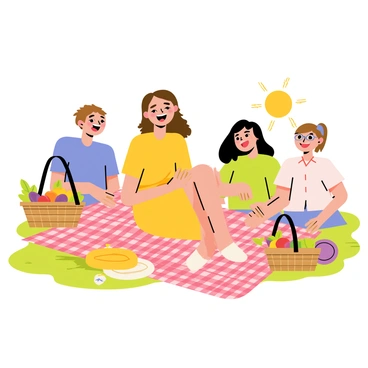 A girl with long brown hair, wearing a bright yellow dress, is laughing joyfully. She is sitting on a red and white checkered picnic blanket spread on a green grassy field. Surrounding her are three friends, each with cheerful expressions, enjoying their time together. One friend has short curly hair and is wearing a blue shirt, while another has straight black hair and is wearing a green top. The third friend is wearing a light pink blouse and has glasses. Beside them, there are baskets filled with colorful fruits and snacks, and a frisbee resting nearby. The sun is shining, creating a warm atmosphere for their cheerful gathering.