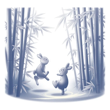 A pair of rabbits is frolicking among the underbrush in a shaded bamboo forest. The rabbits have soft fur and long ears, with one having slightly darker fur than the other. They are darting playfully around the dense foliage, which is filled with lush green leaves, providing a natural shelter. Sunlight filters through the bamboo stalks, creating patterns of light and shadow on the forest floor. The rabbits occasionally pause, standing on their hind legs, as they curiously explore their surroundings.