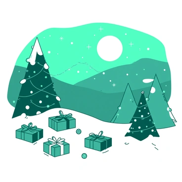 A teal winter landscape is filled with snow-covered hills and whimsical, perfectly shaped evergreen trees. Each tree is adorned with vibrant ornaments and strands of glowing lights that twinkle in the night. In the foreground, there are small, colorful gift boxes wrapped in shiny paper nestled beneath the trees. The sky is filled with soft, fluffy snowflakes gently falling, adding to the enchanting atmosphere. A large, glowing moon casts a serene light over the entire scene, illuminating the magical Christmas wonderland.