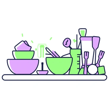 An array of cooking tools is neatly arranged on a countertop. On the left, there is a set of mixing bowls stacked on top of each other, with varying sizes. Next to the mixing bowls, a set of measuring cups of different capacities is placed, each clearly marked with measurement lines. To the right, several spatulas with different shapes and sizes are leaning against the countertop. The background shows a hint of kitchen appliances, including a blender and a stand mixer, enhancing the cooking context.